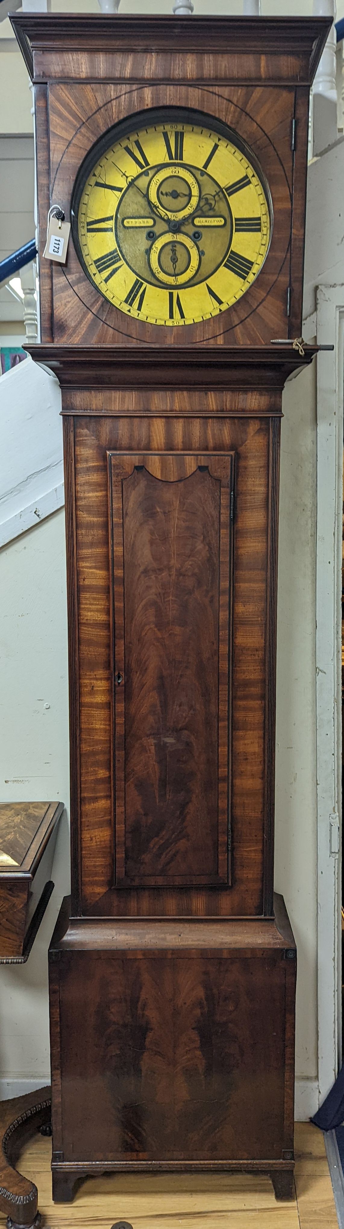 An early 19th century Scottish mahogany longcase clock, signed Wm Barr, Hamilton, height 220cm